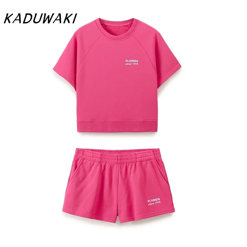 

KADUWAKI Spring New Women's Fashion Style Casual Sweet Versatile Printed Fleece Hoodie High Waist Shorts Two Piece Sets Female