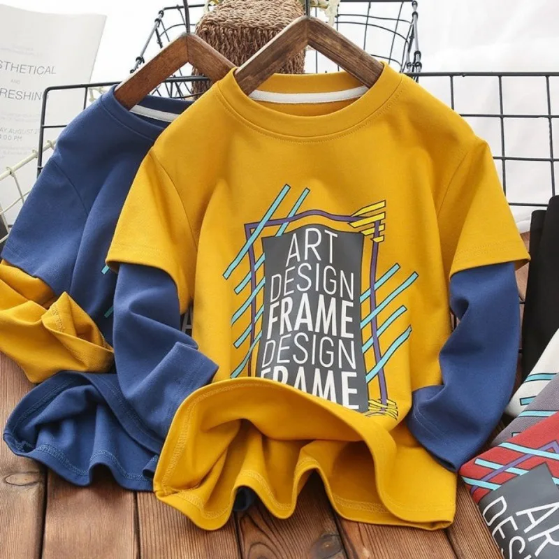 Children's T-Shirts Letter Printing Patchwork Sleeve Sweatshirt Boys Clothes T Shirt for Kids Boy 4 To 11 Years Kids Clothes