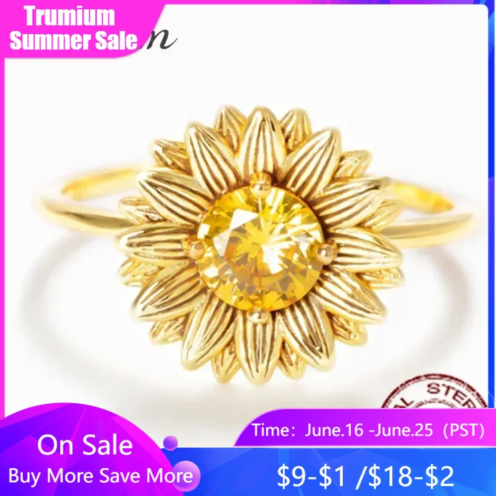 

Trumium Genuine 925 Sterling Silver Zircon Sunflower Finger Rings for Women Wedding Bands Engagement Statement Jewelry Anel