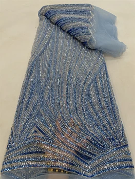 Wysokiej jakości luksusowe koraliki z francuskim haftem pana młodego koronkowa tkanina afrykański nigeryjski z cekinowy materiał do sukni ślubnej RF