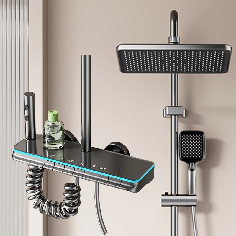 

Modern Thermostatic Rain Shower System with Digital Temp Display & Multi-Function Handheld Wand for Luxurious Home Spa