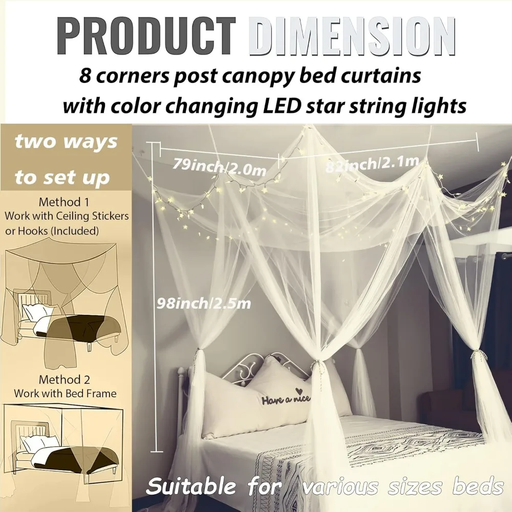 White Princess Bed Canopy with 100 LED Star Lights, Remote Control, Timer for Kids Room