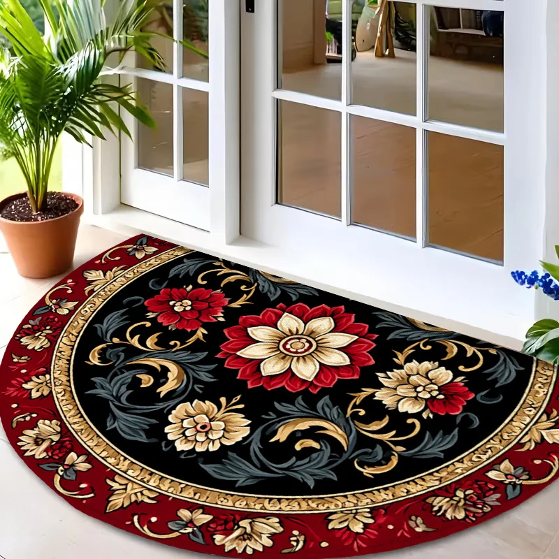 Elegant Traditional Flower Graphic With Frame Semi Circle Rug Commercial Welcome Doormat For Gym Dance Studio Store