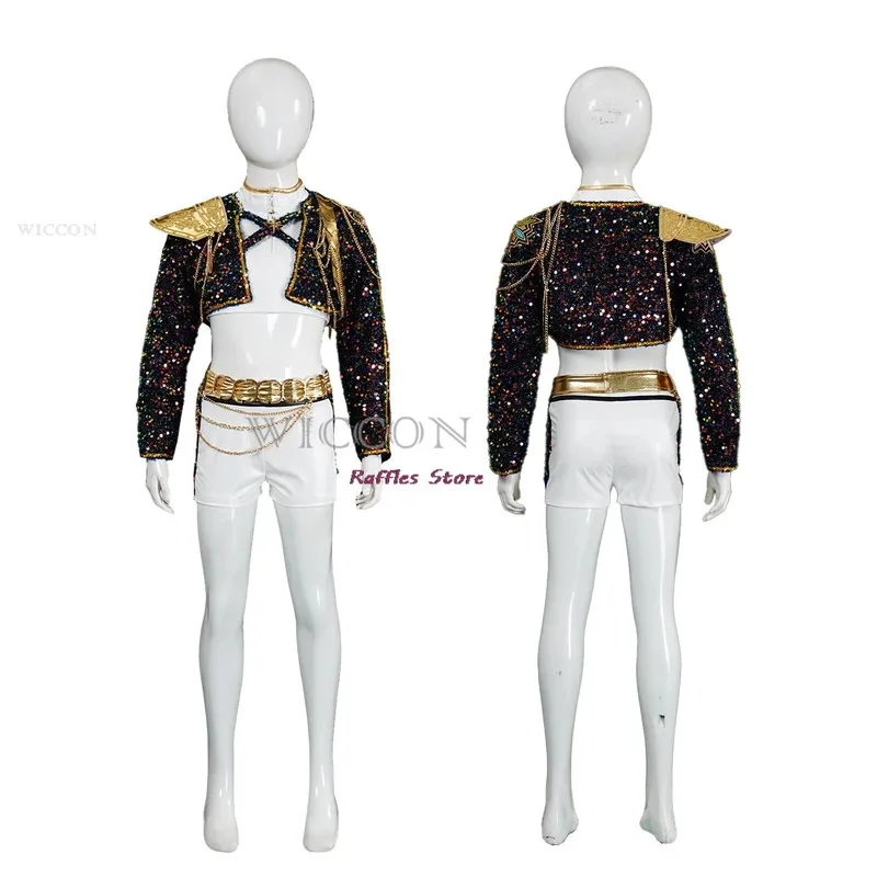 CyKang Ru-mi Adultos Niños Huntrix K-Pop Rumi Kang Cosplay Demon Hunters, Conjunto de falda y chaleco líder para cosplay de Halloween, Golden Out