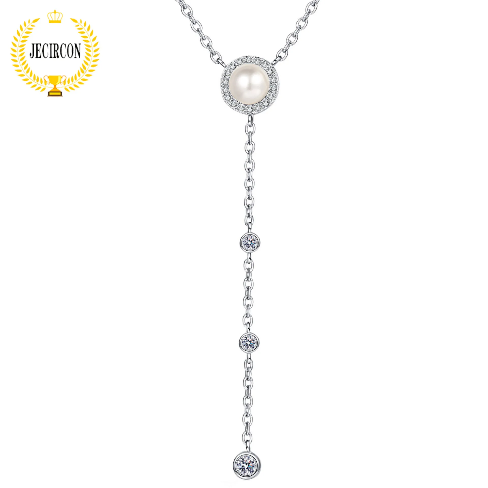 

JECIRCON Women's 925 Sterling Silver Necklace Total 0.67ct Moissanite 8MM Natural Freshwater Pearl Tassel Pendant Sweater Chain