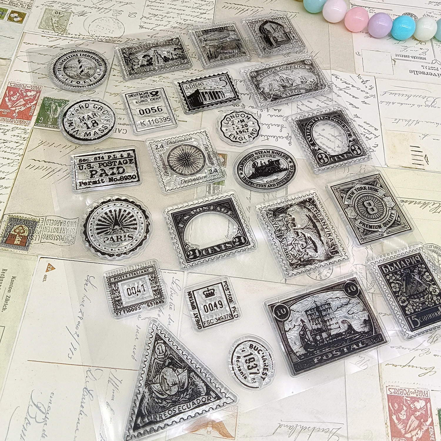 Sellos Transparentes Vintage Ephemera - Sellos de Silicona Retro de Estampillas Postales y Marcas Postales para Junk Journal y Manualidades de Técnicas Mixtas