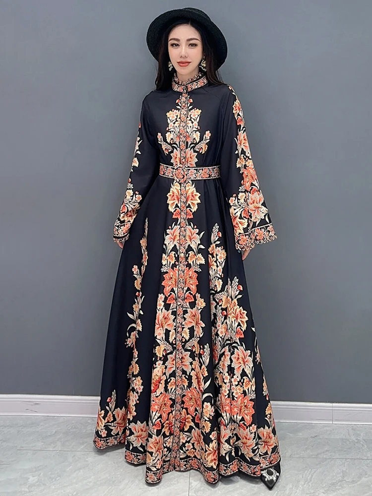 SHENGPALAE Neo-chinese Style Printed Dress For Women Contrast Color Elegant Chic Stand Collar Vestido Spring 2024 New Robe R9447