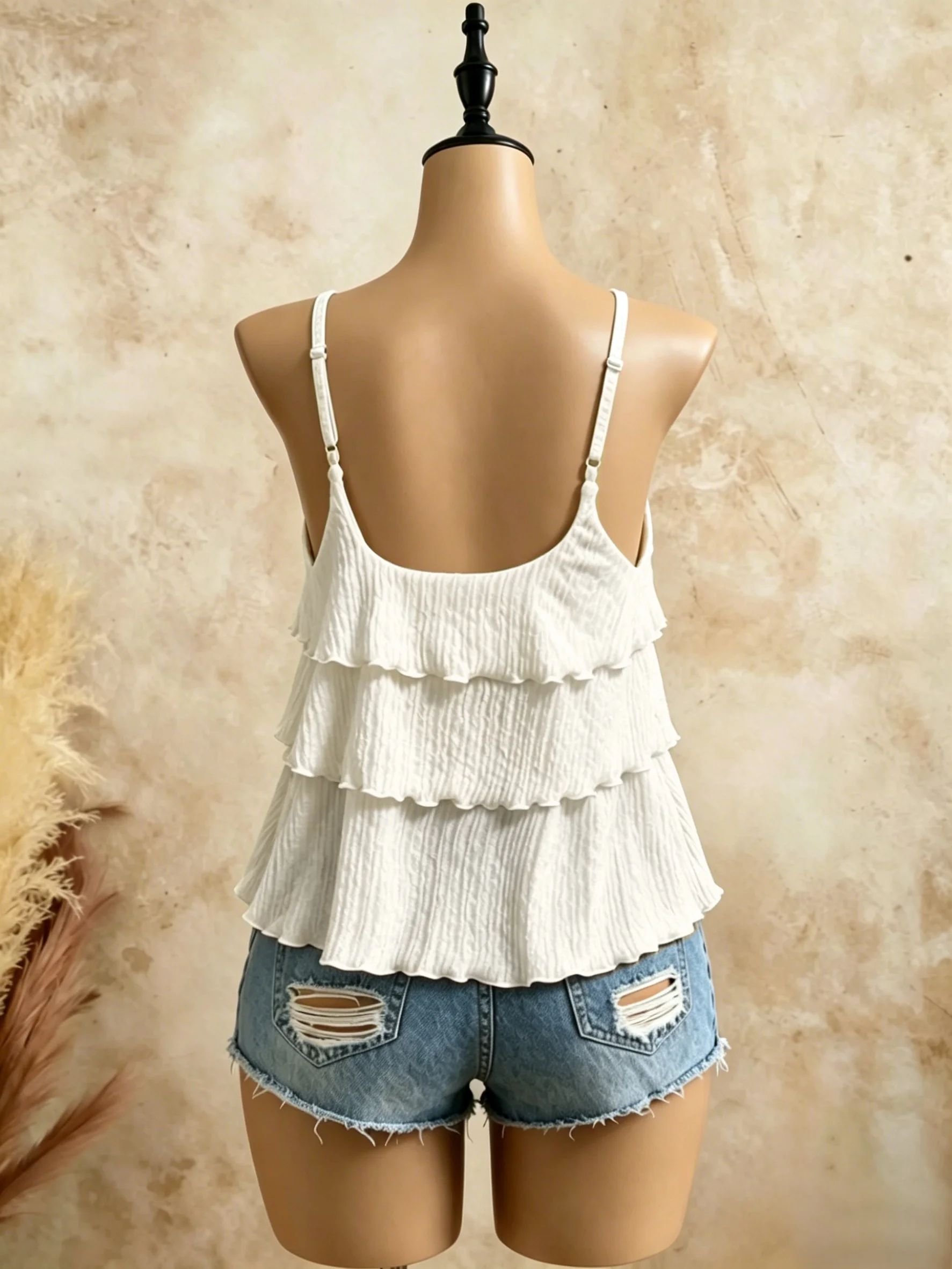 Women Square Neck Thin Strap Multi Tiered Ruffle Crinkled Camisole 2026 Summer Beach Vacation Y2K Casual Tank Tops