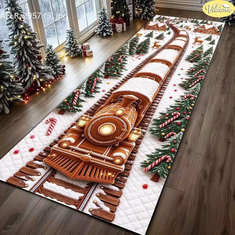 VIKAMA Gingerbread Locomotive Cane Crystal Velvet Long Carpet Non Slip Floor Pad for Xmas Warm Cozy Decorative Home Decor