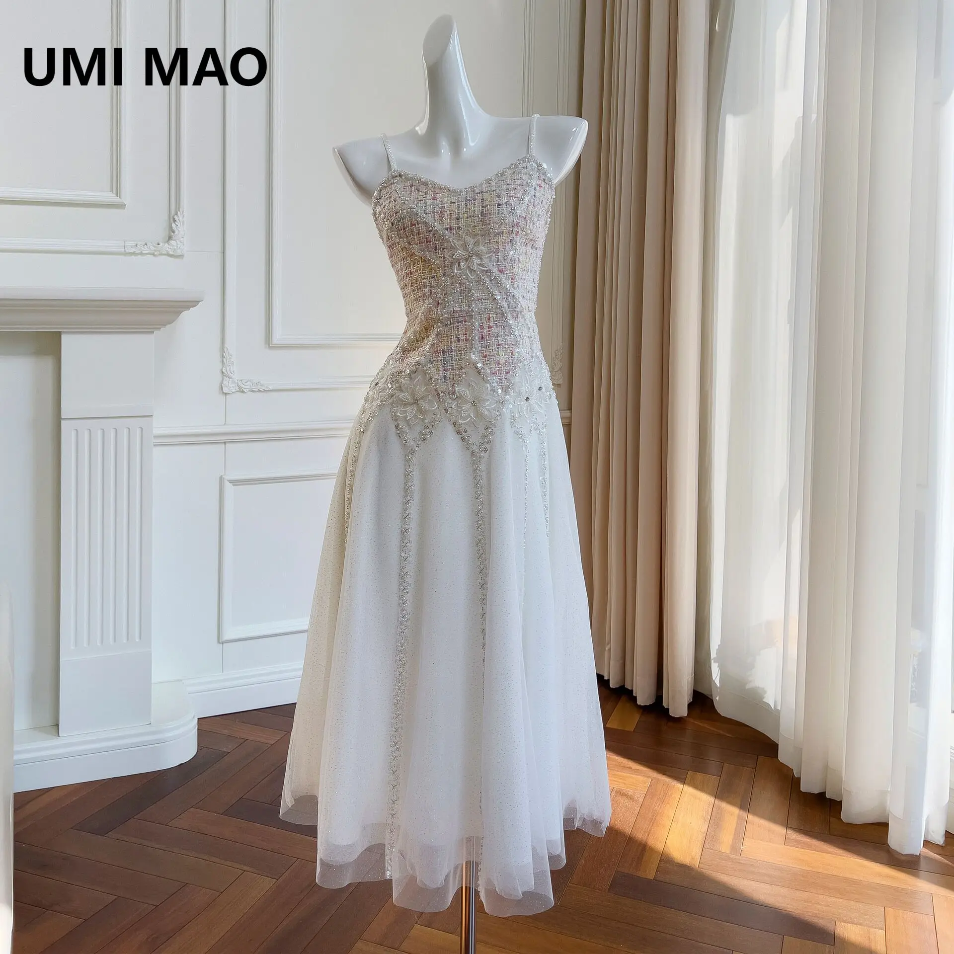 

UMI MAO модное элегантное подвесное платье с открытой спиной, элегантное облегающее платье трапециевидной формы средней длины, женское сетчатое платье