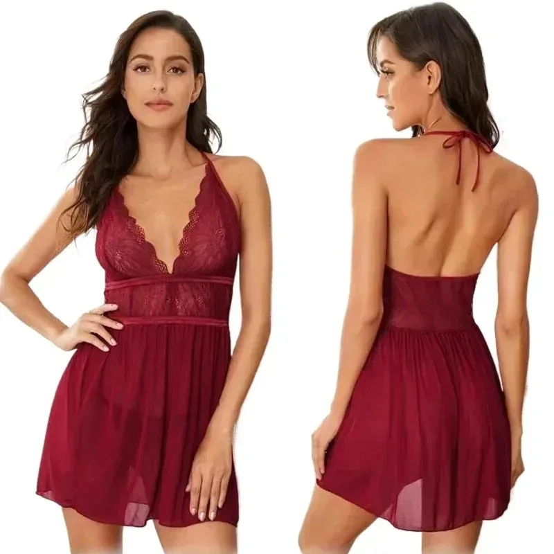 

Fashion Womens Dresses Sexy Lingеrie Nightgowns Neck Strap Night Dress Women's Pajamas Dress Sexy Backless Silk Lace Sleep Dress