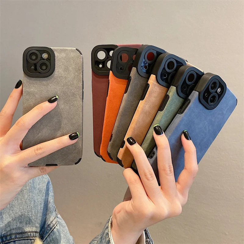 Vintage Matte Tumbled Leather Phone Case For iPhone 14 13 12 11 Pro XR X Xs Max Max 8 7 Plus Solid Color Shockproof Soft Cover