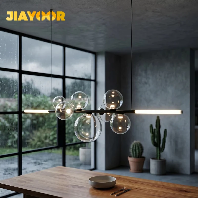 Modern Linear Glass Globe Chandelier Led Kitchen Island Light Scattered Bubbles Acrylic Glow Ends Contemporary Black Dining Room