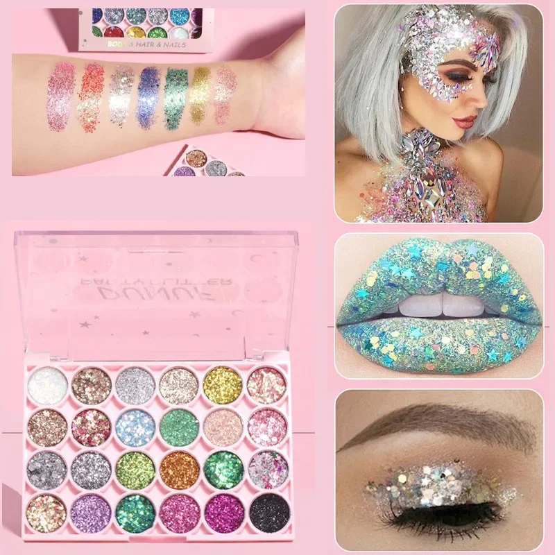 Paleta de sombra de ojos con lentejuelas brillantes de 24 colores, Luna grande, estrella, uñas, pelo, cuerpo, sombra de ojos, decoración de Gel rosa y azul, maquillaje para fiesta y escenario