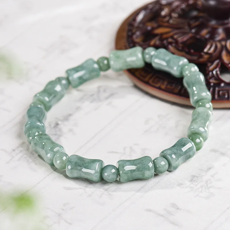 New Natural Jadeite Pea Green Bamboo Joint Beads Bracelet Carved Charm Jade Jewelry Fashion Amulet Gifts for Women Certificate