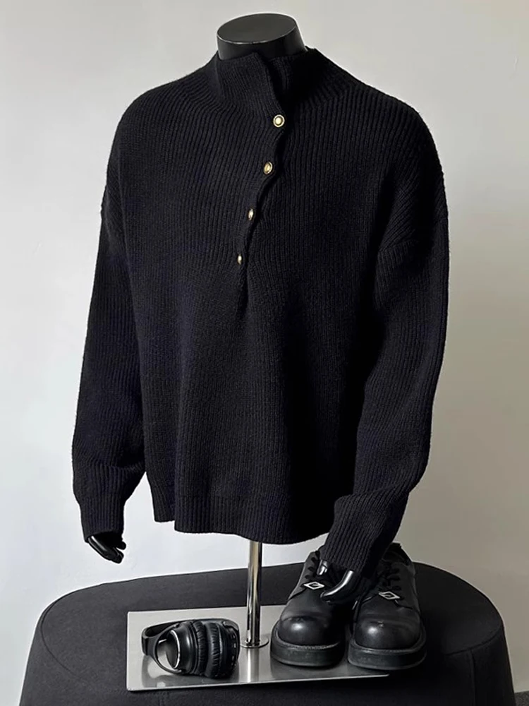 

Bla Button-Up f-High Collar Knitwear Men's Winter Lazy Sle Copper Button High-End Feeling Loose Fit Knitted Sweater
