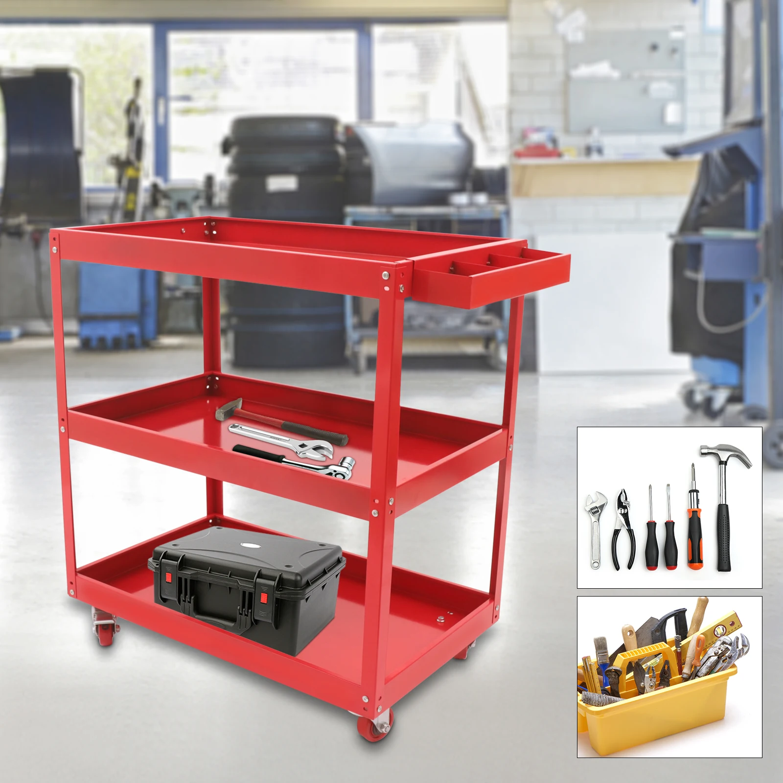 3-layer rolling tool cart with wheels, heavy-duty steel multifunctional cart, tool organizer, garage design, warehouse