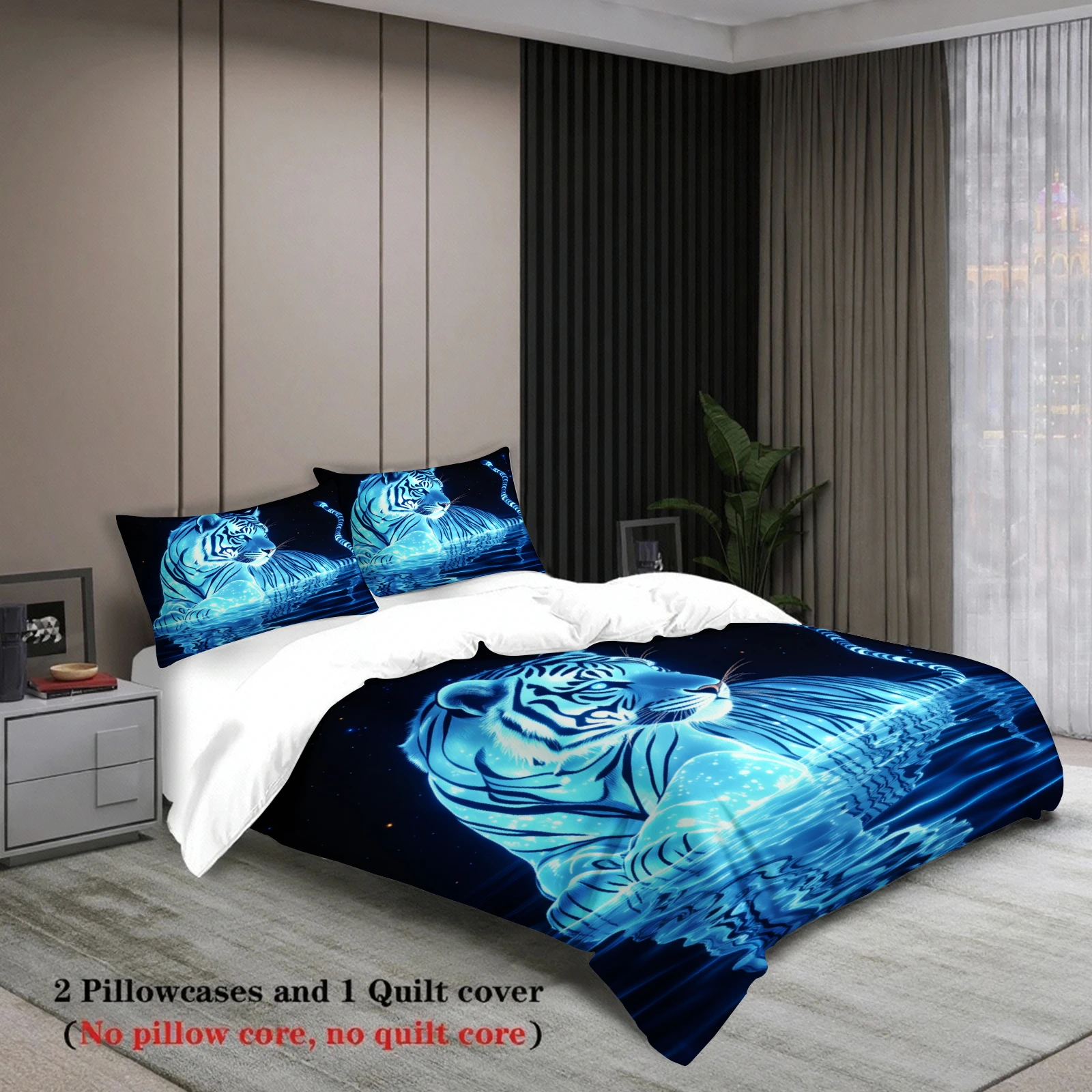 3pcs Tiger Bedding Sets 3D Printed Blue Tiger Pattern Wrinkle Resistant Breathable Duvet Cover Sets With Pillowcases No Filling