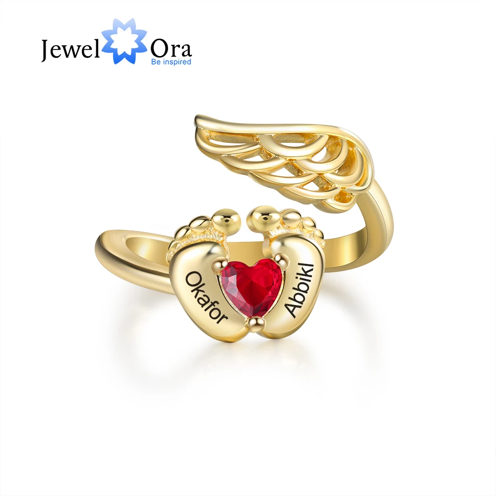 

Gold Color Baby Feet & Wing Personalized Engraved Name Ring Custom Heart Birthstone Rings for Mother Anniversary Gifts for Mom