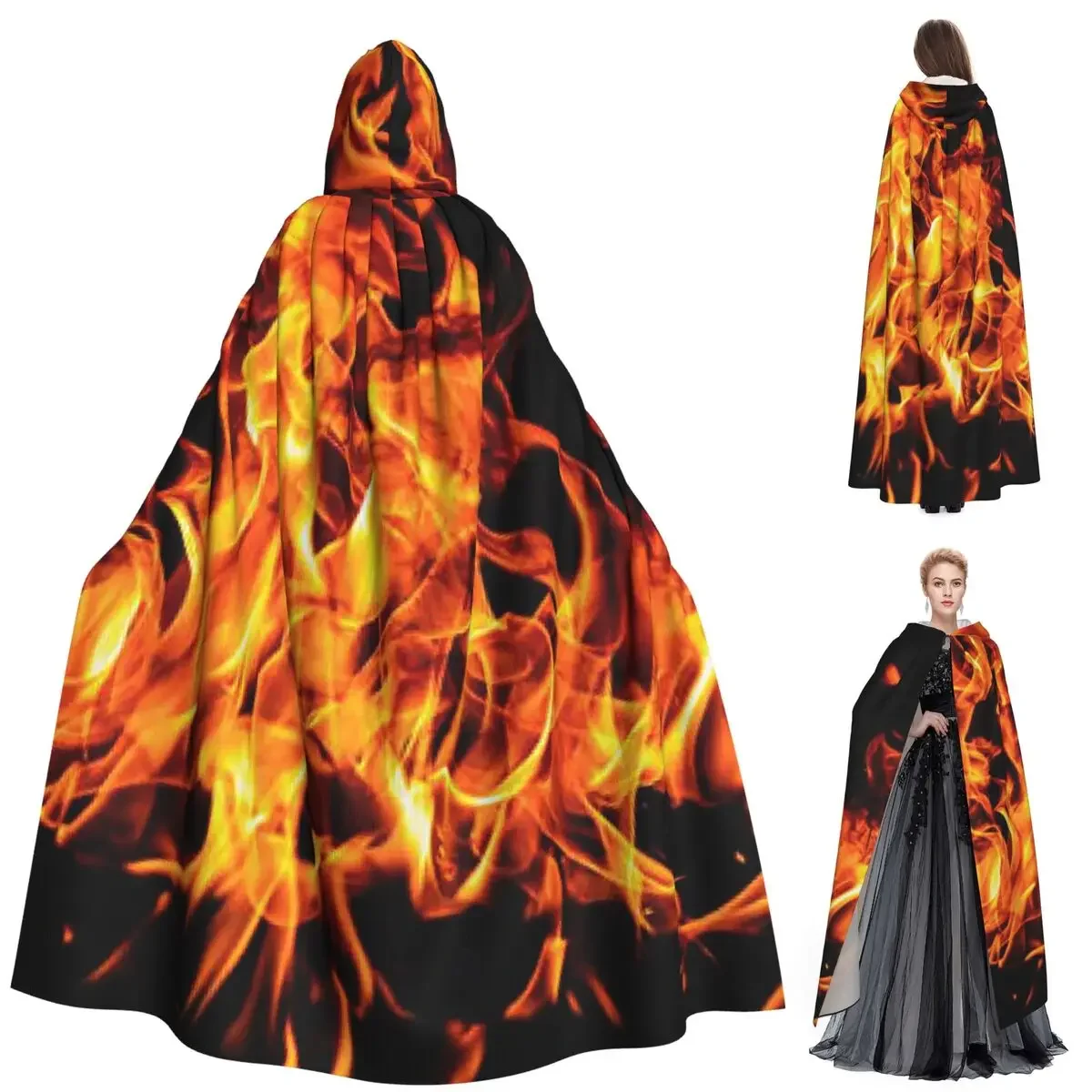 Custom Flame Patterns Long Hooded Cloak Witch Medieval Costume Cosplay Cape HalloweenParty Adult Unisex