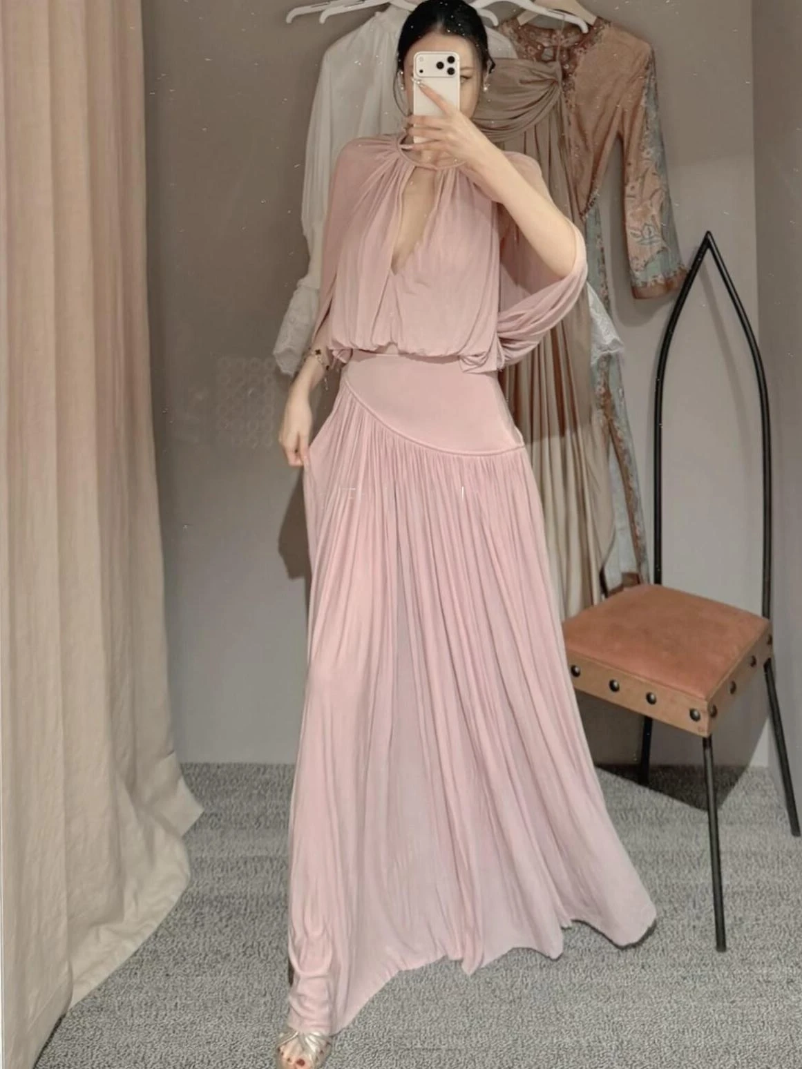 

Pink Cloak Top Skirt Set Elegant Lady's Two-Piece Suit Korean Style High Waist Long Dress Zipper Backless V-Neck Wedding Dress