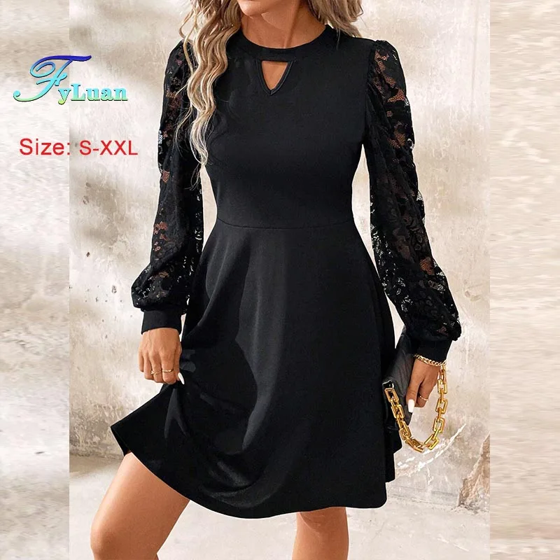 Elegancka sukienka damska na rok 2025, czarna, z okrągłym dekoltem, koronkowymi wstawkami, długim rękawem, dopasowana, wyszczuplająca, sukienka balowa w kształcie litery A, słodka sukienka.