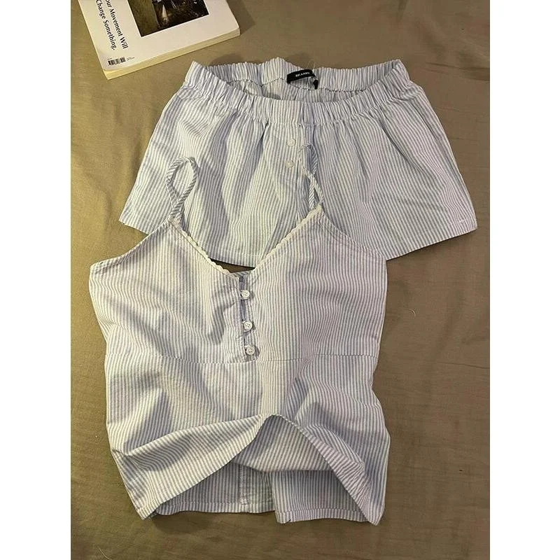 طقم ملابس نوم نسائي صيفي جديد بتصميم ياباني، قميص نوم بحمالات ملونة وشورت كاجوال، ملابس منزلية برقبة على شكل V #3