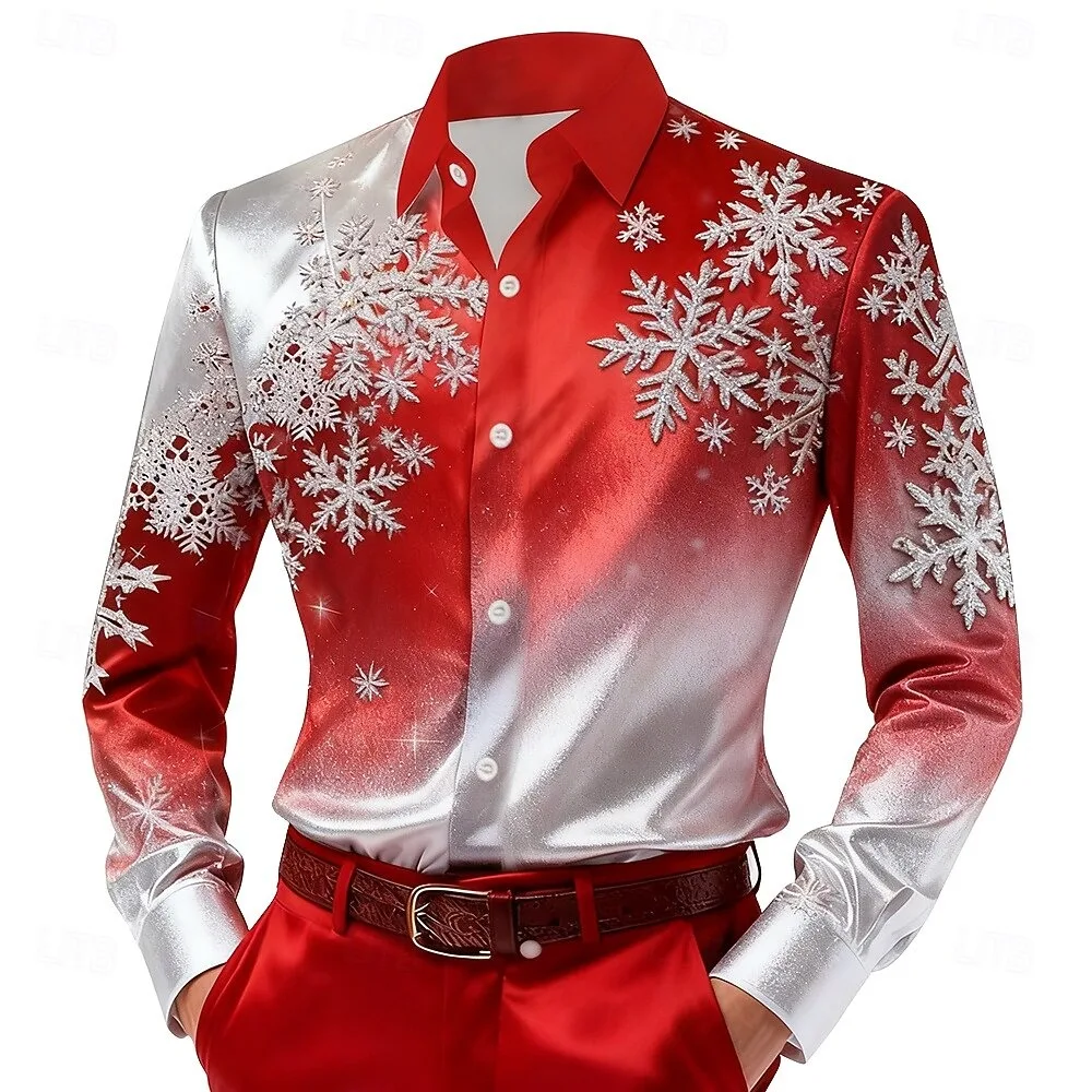 เสื้อเชิ้ตแขนยาวผู้ชายสไตล์คริสต์มาส เสื้อผ้าผู้ชายพิมพ์ลายเกล็ดหิมะหลากสีสัน 3 มิติ เสื้อแฟชั่นกลางแจ้ง