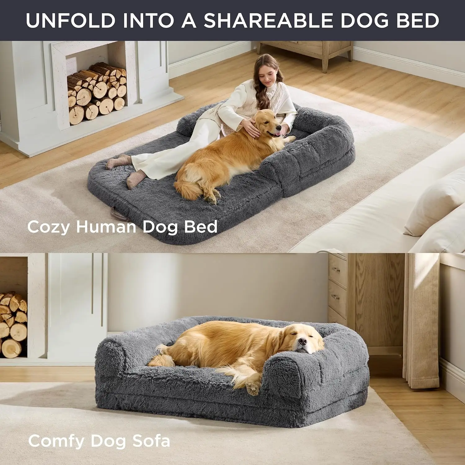 Human Dog Bed People Adults 2 in 1 Calming Human Size Giant Dog Bed Fits Pet Families with Egg Foam Supportive Mat
