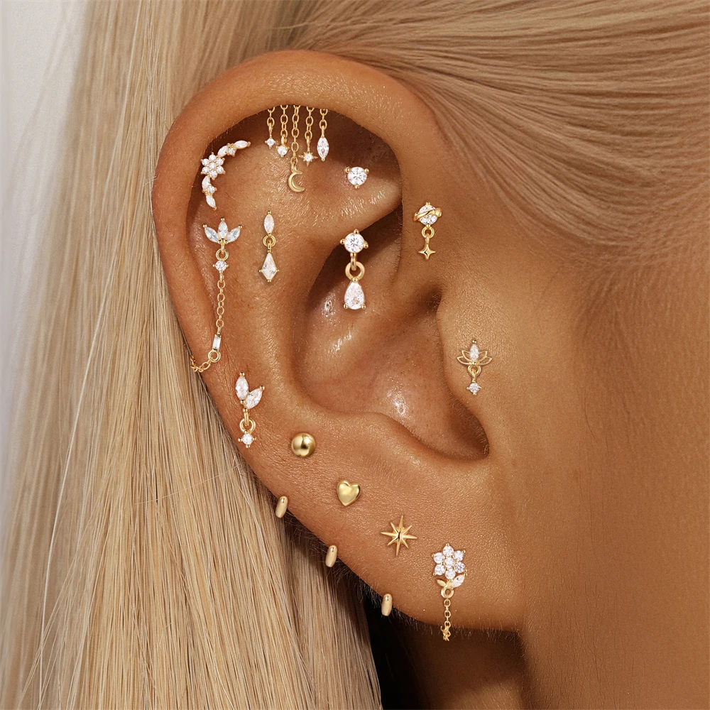ROXI 925 Sterling Silver 16G Star Chain Tassel/Round CZ Curved Barbell Women's Flat Back Piercing Stud • Helix Stud Dainty Gifts