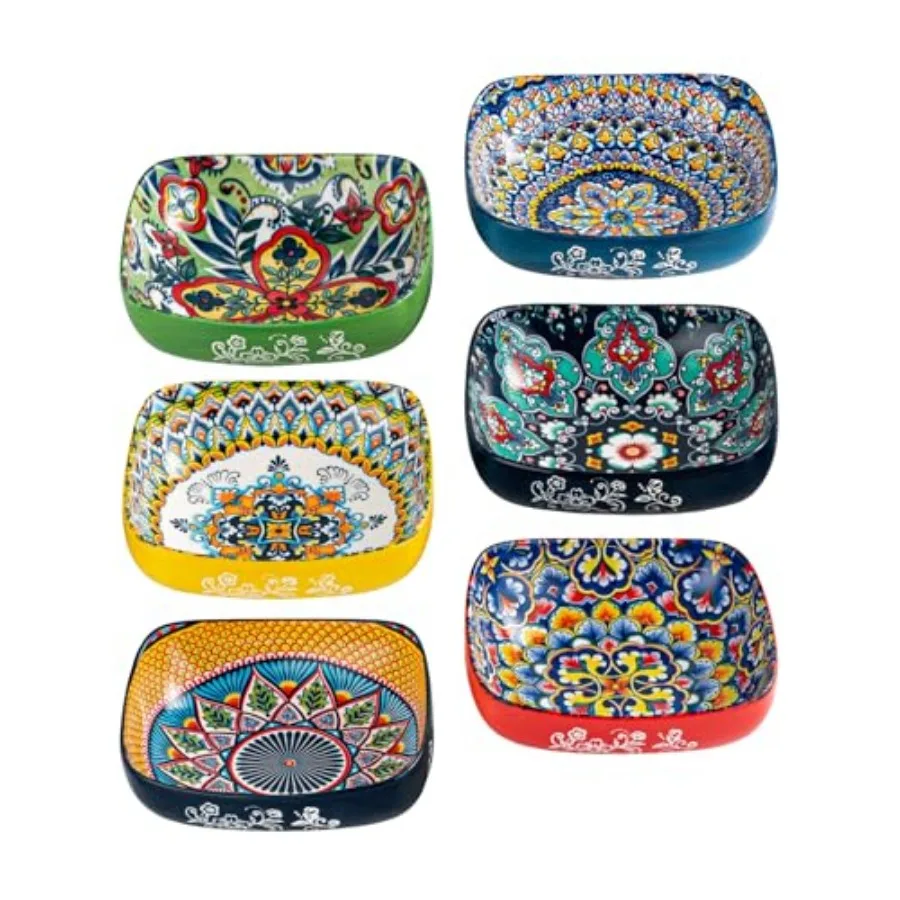 Boho Ceramic Square Bowls Colorful Bowls for Snacks Dessert Side Dishes Pasta - 6 Inch Appetizer Plates Set of 6 Microwave and