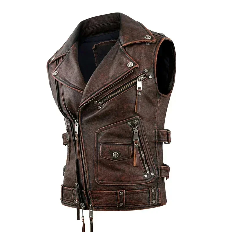 Fashion Motorcycle Vest Black Real Cowhide Genuine Leather s Men Motor Riding Sleeveless Jacket Autumn Winter