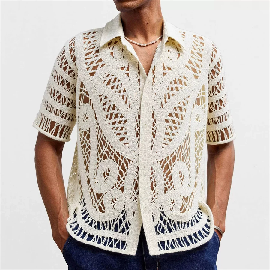 

2026 New Sexy Hollow Out Men's Crochet Shirt Summer Short Sleeve Cardigan High Quality Jacquard Knitted Polo Shirts for Men