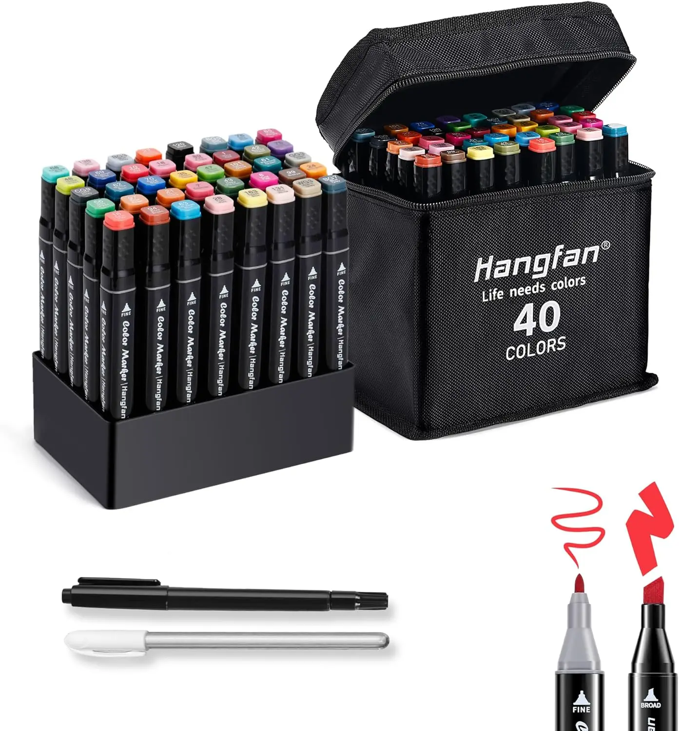 

40 Colors Dual Tip Alcohol Markers, No Bleeding, Brush & Fine Tip, for Adult Coloring Books, Sketching, Anime, with 1 White Highlighter & 1 Tracing Pen