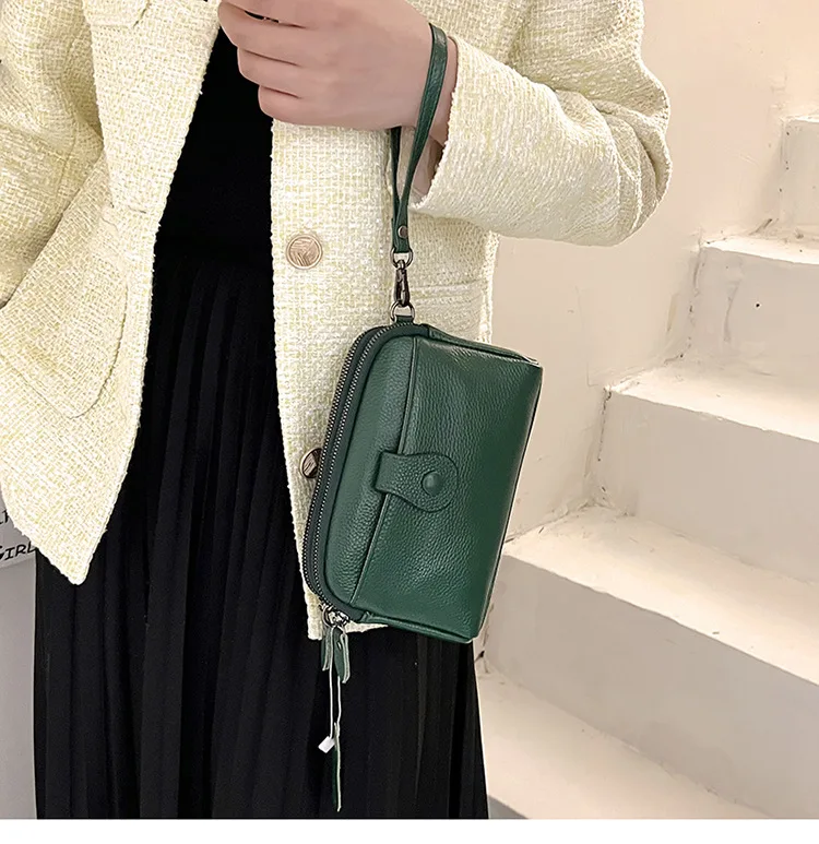 Petit sac à main décontracté en cuir véritable pour femme, sac de téléphone multifonctionnel à la mode, poche à double fermeture éclair,