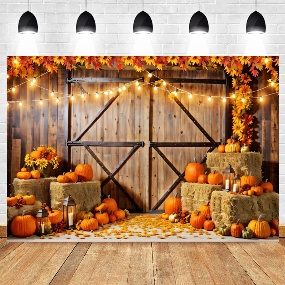 Autumn Pumpkin Barn Door Backdrop Haystack Fall Baby Shower Birthday Party Thanksgiving Day Kids Portrait Photography Background