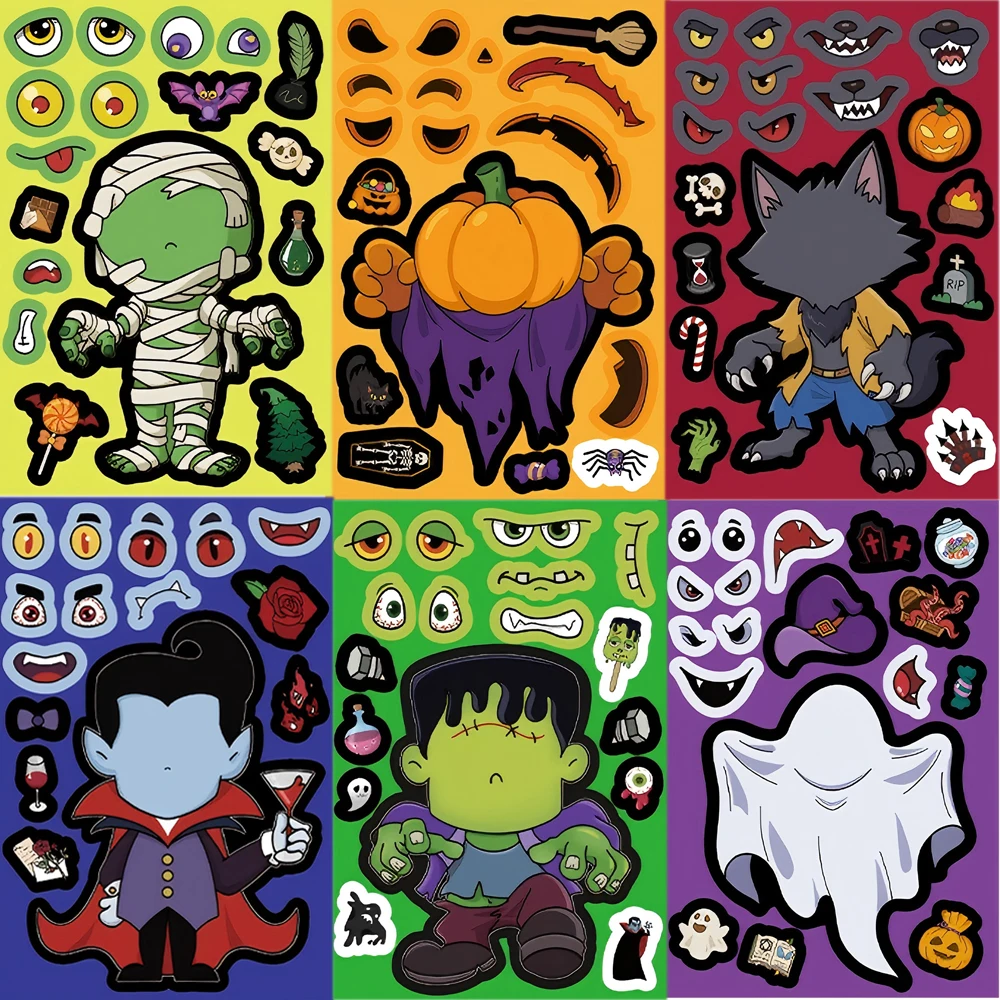 8/16Sheets Kids DIY Halloween Puzzle Sticker Witch Pumpkin Ghost Make Your Own Assemble Jigsaw Party Favors for Boys Girls