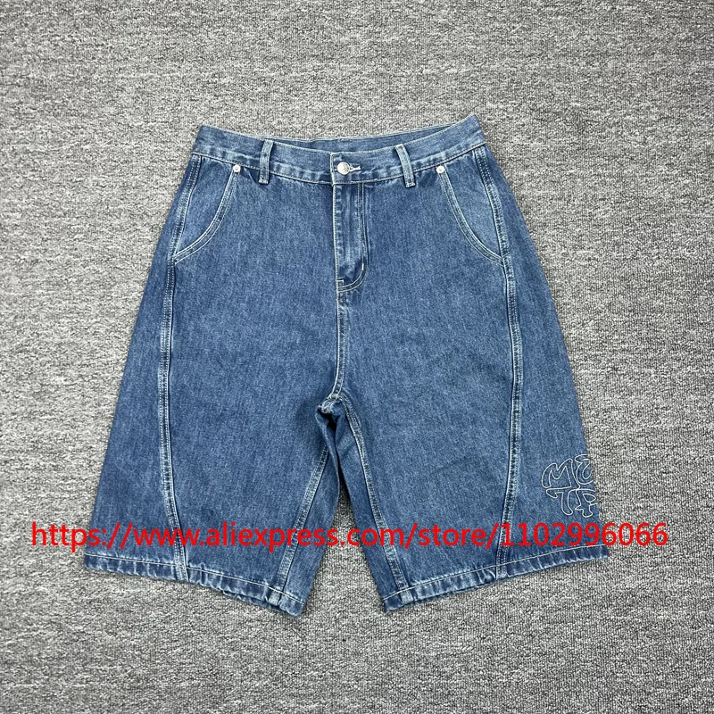 Real Shot Mertre Denim Shorts High Street Hip-hop Embroidery Pattern Print High-quality Pants in Stock