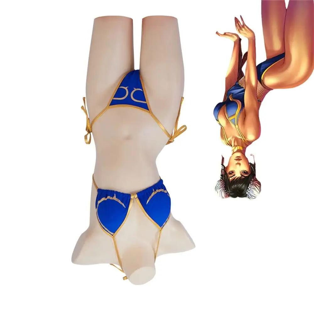 

Game Chun Cosplay Swimwear Summer Women Sexy Halter Neck Lace Up Bikinis Set Halloween Carnival Party Blue Bathing Suits