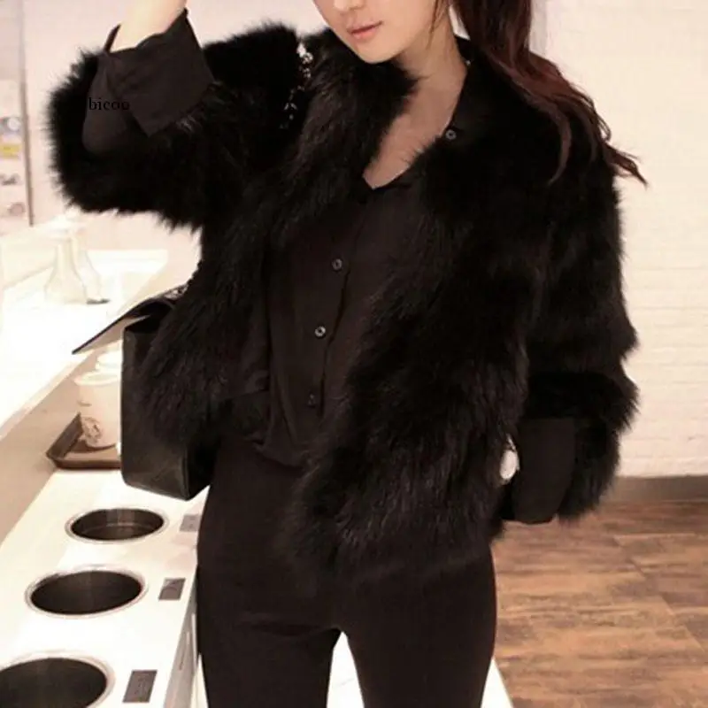 Newest Women\'s Elegant Three Quarter Sleeve Short Faux Fur Coat Winter Warm Fur Jacket Outerwear