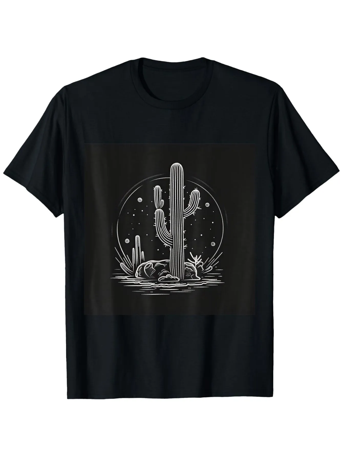 

Men's Black Cactus Print T-Shirt, Desert Night Sky Pattern T-Shirt with Cacti and Stars, Holiday Accessories, Holiday Enthusiasts' Clothing, Outdoor Activities, Breathable Material, Everyday Wear, Lightweight T-Shirt