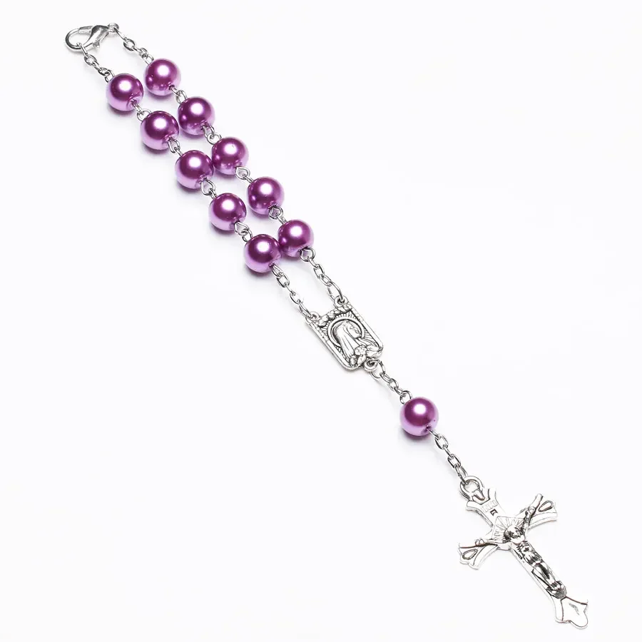 8MM Purple Glass Prayer Beads Bracelet For Women Vintage Crucifix Cross Charm Rosary Bracelet Female Party Jewelry Gift