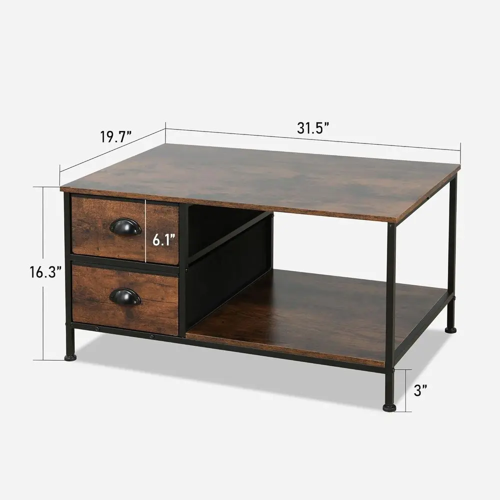 Storage Drawer Coffee Table for Living Spaces, 2-Tier Brown Wood Rectangular Table, Metal Accent Side Table