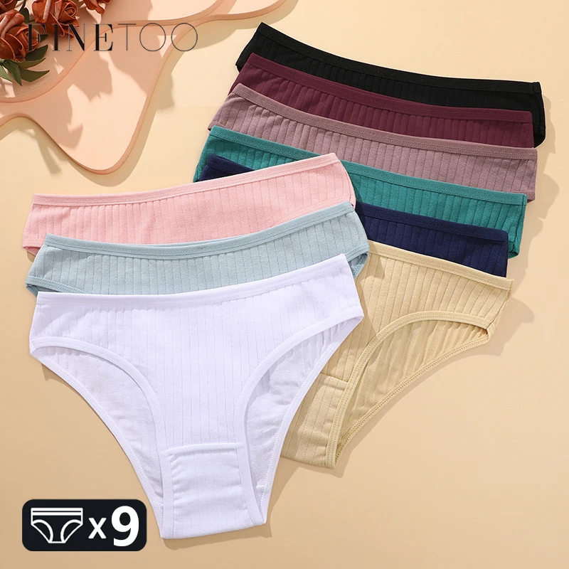 FINETOO 9PCS/SET Cotton Striped Underwear Women\'s Panties Sexy Soft Solid Color Briefs Female Comfortable Stretch Lingerie M-XL