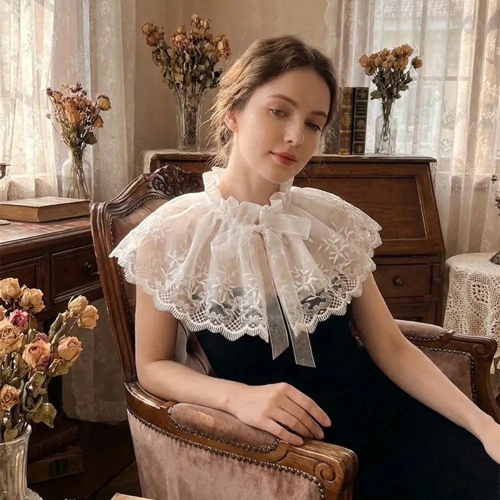 Retro Cape Embroidered Lace Fake Collar Small high collar Double-layer Small Shawl Wraps Floral Doll Lapel Scarf Accessories