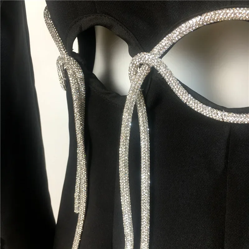 All Season New Fashion Runway Designer 2024 Office Women Notched Hollow Out Full Sleeve Backless Diamonds Black Blazer Outerwear