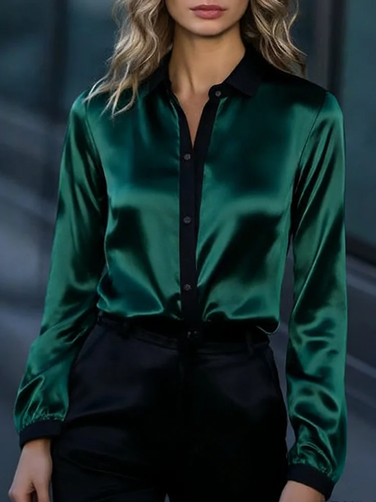 

New Fashion Single Breasted Blouse Long Sleeve Satin Women's Shirts Office Lady Tops Solid Color Elegant Chic Women Clothes