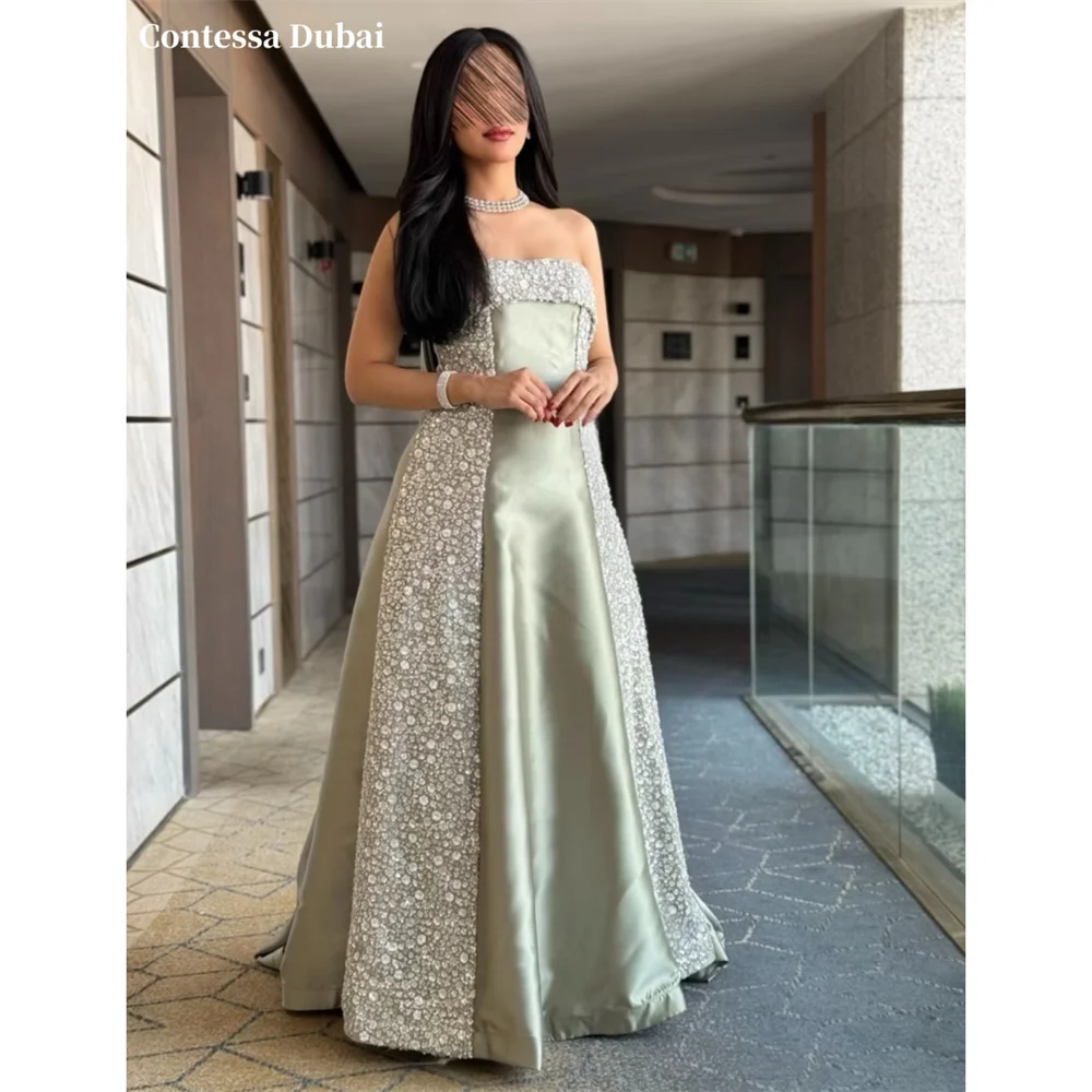 

Contessa Custom Sage Green Strapless Evening Dress Luxury Satin Prom Dresses A-Line Vestidos De Noche Crystal Formal Evening