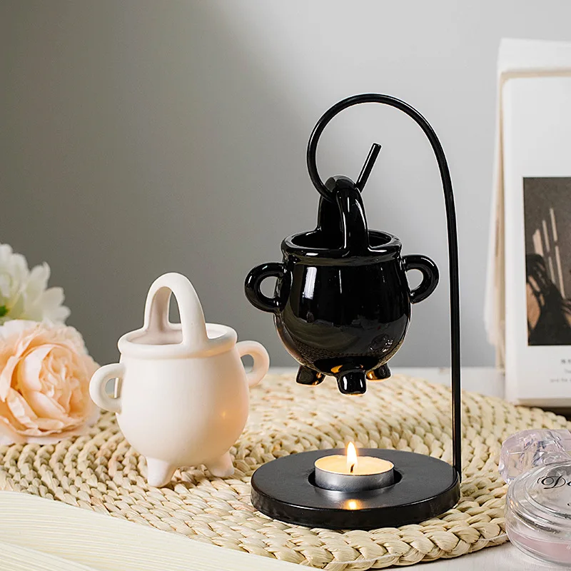 Hanging Aroma Essential Oil Stove Candle Melting Burner Witch Soup Pot with Iron Frame Halloween Decoration Wax Burner Lamp