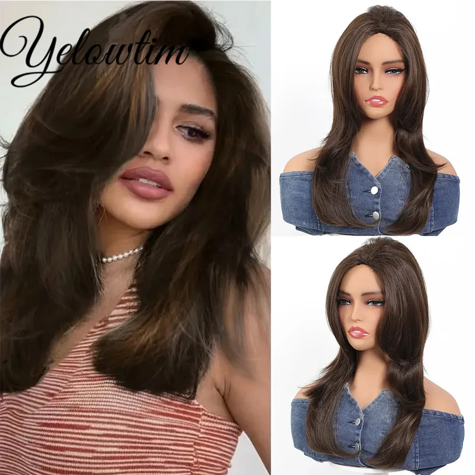 

Long Wavy Synthetic Wigs Brown Ombre Daily Use Soft Hair Wig for Women Cosplay Party Wig Heat Resistant Middle Part Fake Hairs